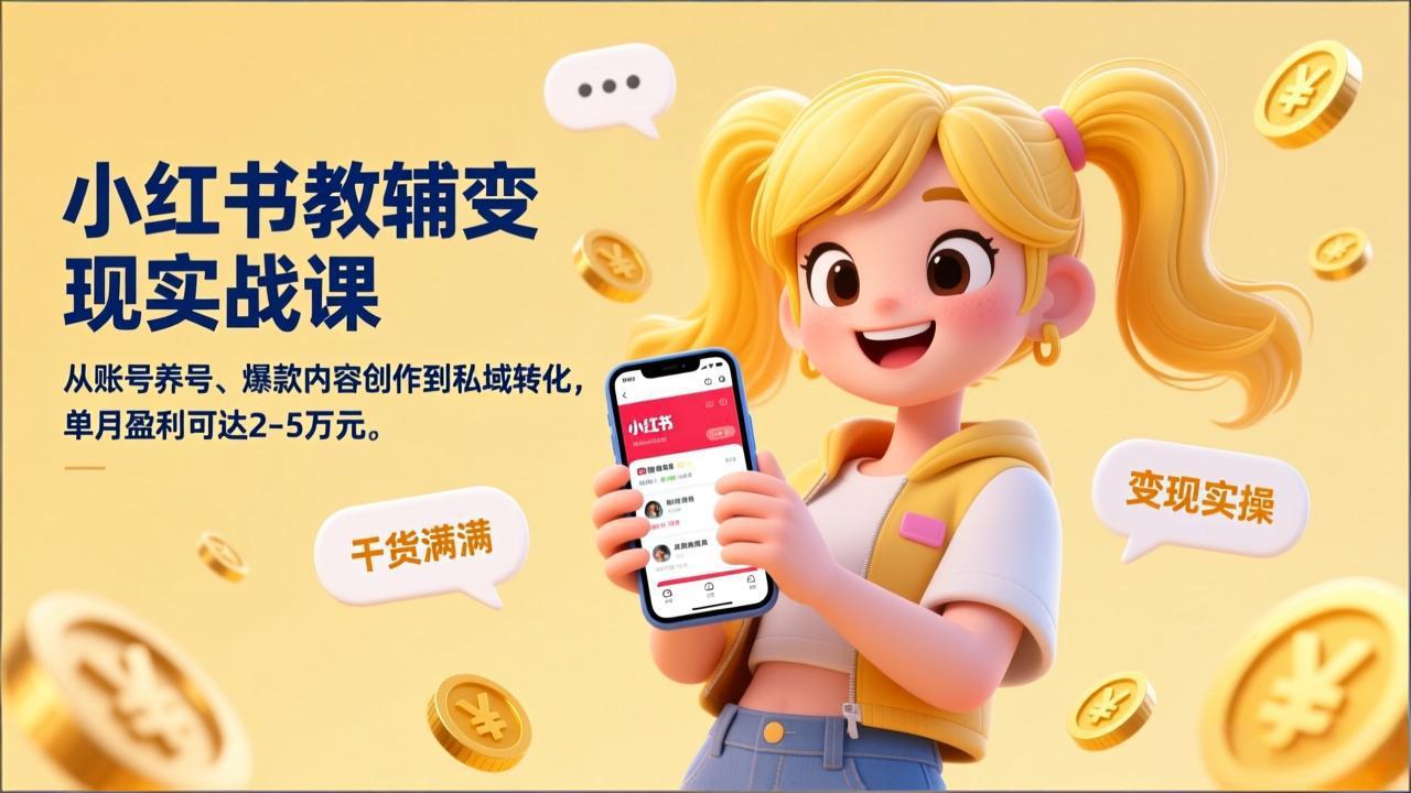 小红书教辅变现实战课，从账号养号、爆款内容创作到私域转化，单月盈利可达2-5万元-资源共享
