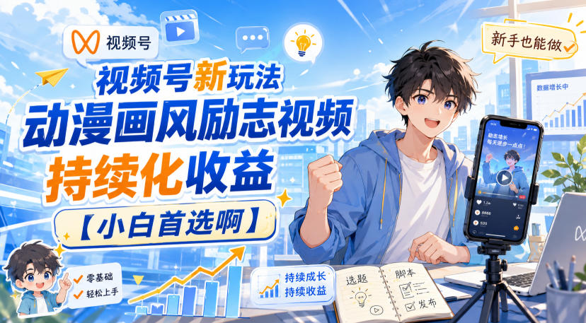 视频号新玩法动漫画风励志视频,持续化收益【小白首选啊】-资源共享