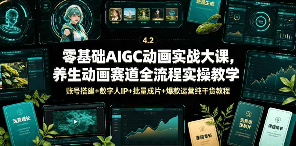 零基础AIGC动画实战大课，养生动画赛道全流程实操教学，账号搭建+数字人IP+批量成片+爆款运营纯干货教程-资源共享