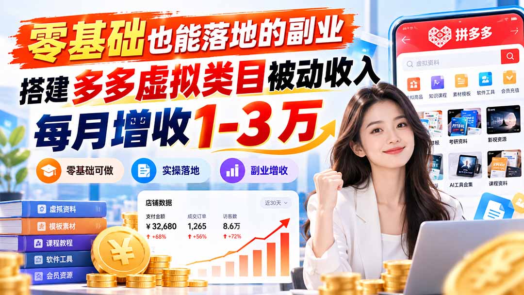 零基础也能落地的副业,搭建多多虚拟类目被动收入,每月增收 1-3 万-资源共享