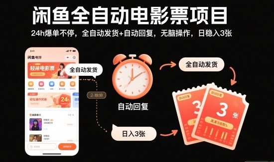 闲鱼全自动电影票项目，24h爆单不停，全自动发货+自动回复，无脑操作，日稳入3张【揭秘】-资源共享