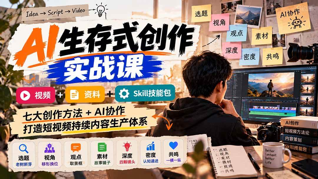 （21081期）AI生存式创作实战课：视频+资料+Skill技能包，七大创作方法+AI协作，打造短视频持续内容生产体系-资源共享