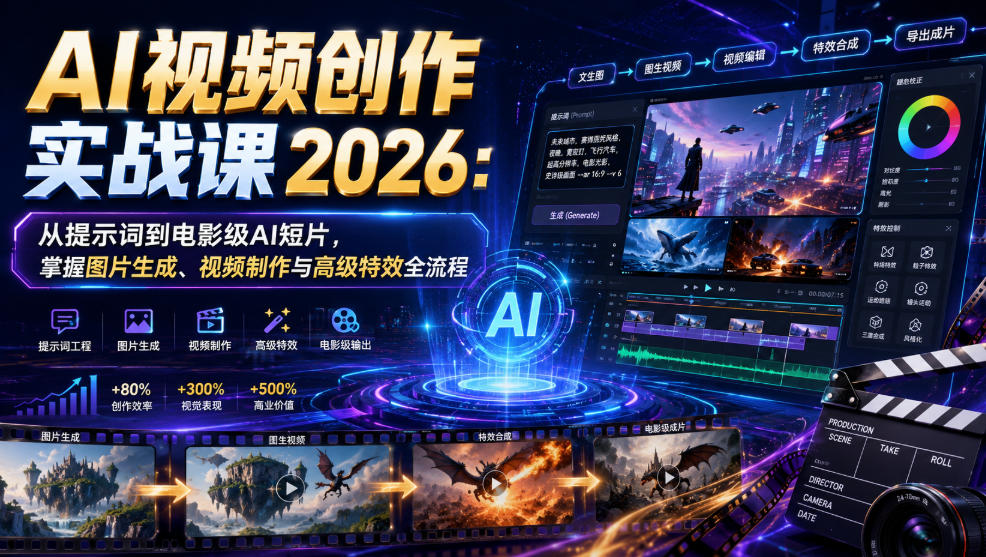 AI视频创作实战课2026:从提示词到电影级AI短片,掌握图片生成、视频制作与高级特效全流程-资源共享