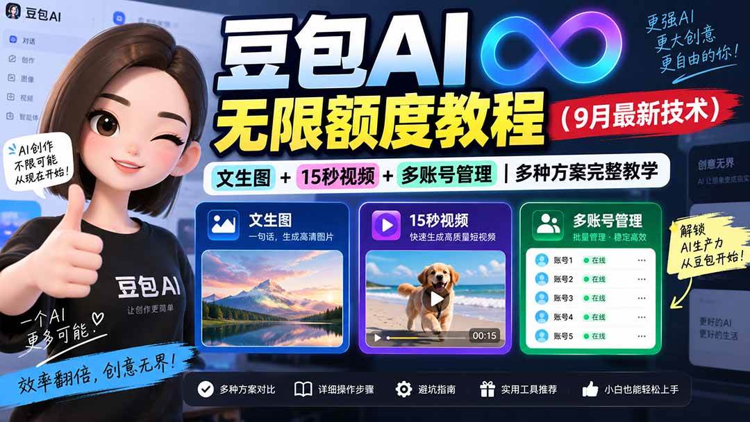 （20288期）豆包AI无限额度教程（9月最新技术）｜文生图+15秒视频+多账号管理｜多种方案完整教学-资源共享