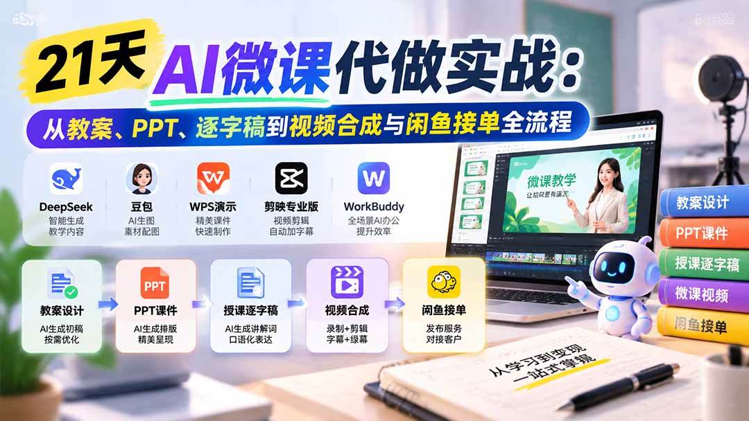 （21065期）21天AI微课代做实战：从教案、PPT、逐字稿到视频合成与闲鱼接单全流程-资源共享