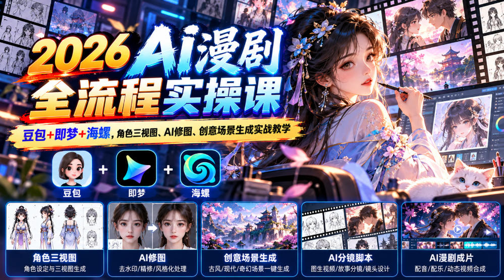 【无水印】2026 AI漫剧全流程实操课|豆包+即梦+海螺,角色三视图、AI修图、创意场景生成实战教学-资源共享