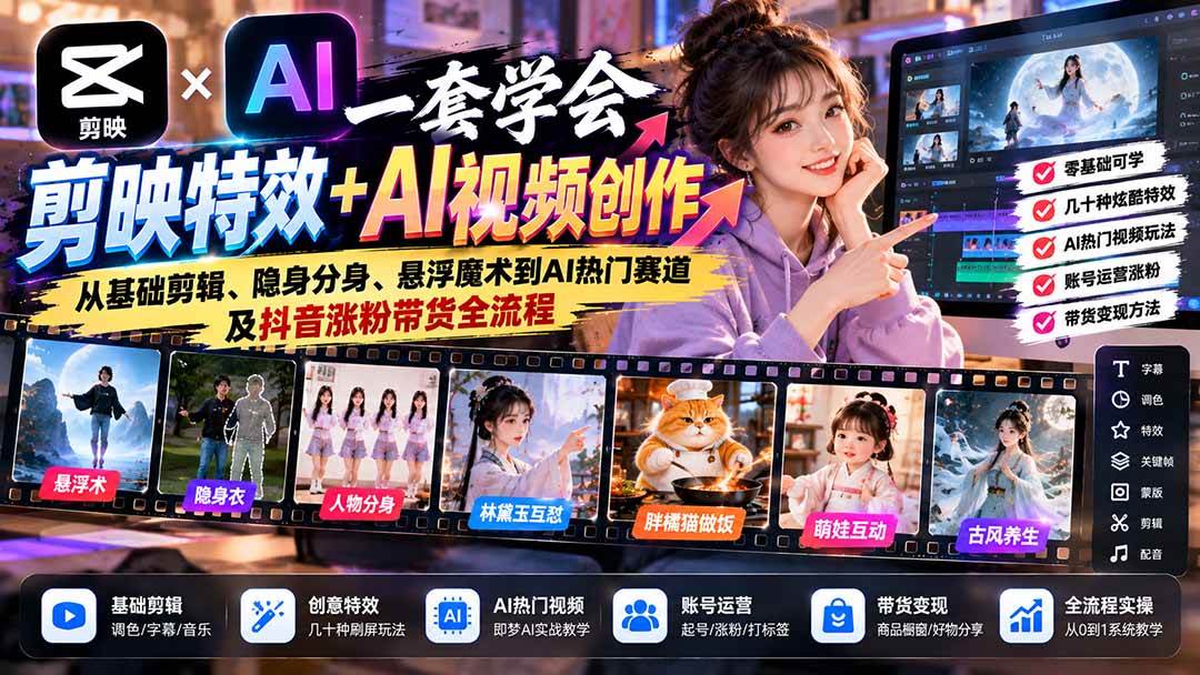 （20999期）一套学会剪映特效+AI视频创作：从基础剪辑、隐身分身、悬浮魔术到AI热门赛道及抖音涨粉带货全流程-资源共享