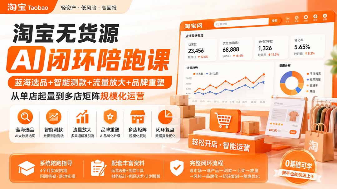 淘宝无货源AI闭环陪跑课：蓝海选品+智能测款+流量放大+品牌重塑，从单店起量到多店矩阵规模化运营-资源共享