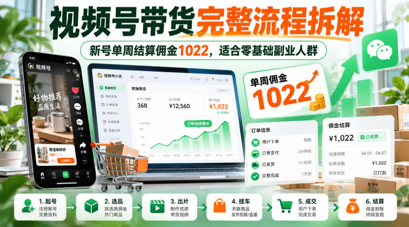 视频号带货完整流程拆解，新号单周结算佣金1022，适合零基础副业人群-资源共享