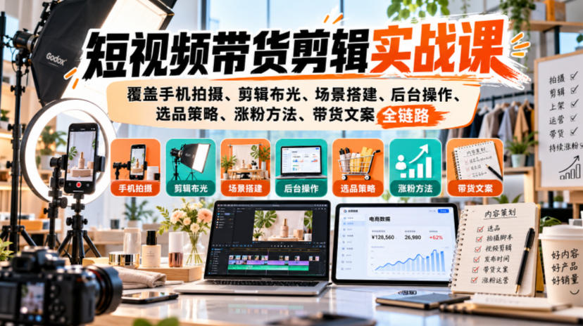 短视频带货剪辑实战课,覆盖手机拍摄、剪辑布光、场景搭建、后台操作、选品策略、涨粉方法、带货文案全链路-资源共享