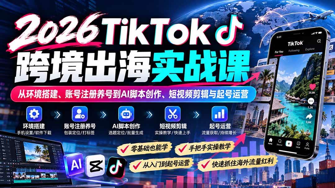 （21170期）2026TikTok跨境出海实战课：从环境搭建、账号注册养号到AI脚本创作、短视频剪辑与起号运营-资源共享