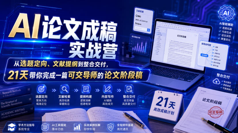 AI论文成稿实战营,从选题定向、文献提纲到整合交付,21天带你完成一篇可交导师的论文阶段稿-资源共享