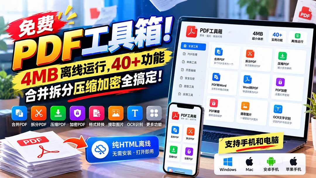 (21197期)免费PDF工具箱!4MB离线运行,40+功能,合并拆分压缩加密全搞定!-资源共享