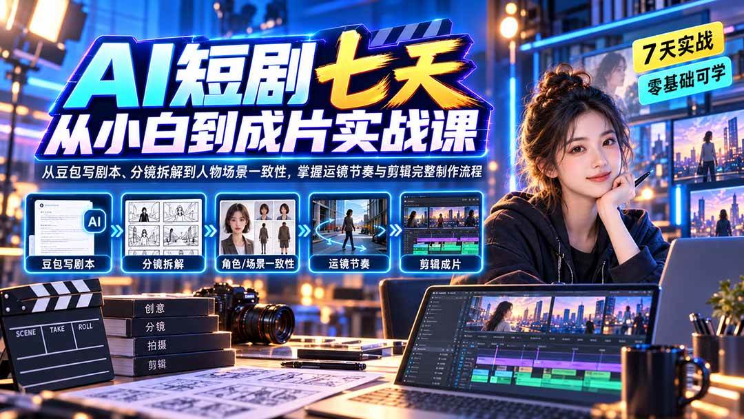 （20329期）AI短剧七天从小白到成片实战课：从豆包写剧本、分镜拆解到人物场景一致性，掌握运镜节奏与剪辑完整制作流程