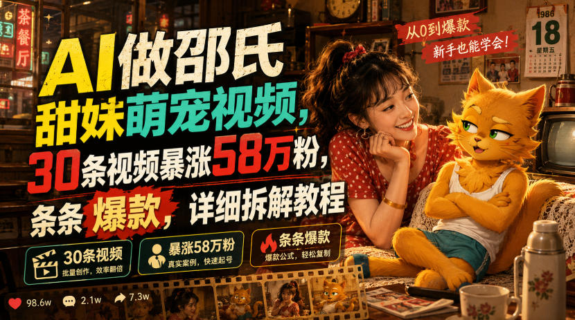 AI做邵氏甜妹萌宠视频,30条视频暴涨58万粉,条条爆款,详细拆解教程-资源共享