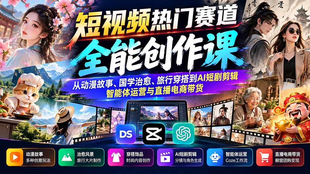（20956期）短视频热门赛道全能创作课：从动漫故事、国学治愈、旅行穿搭到AI短剧剪辑、智能体运营与直播电商带货-资源共享