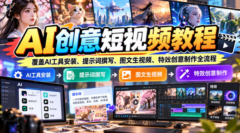 AI创意短视频教程,覆盖AI工具安装、提示词撰写、图文生视频、特效创意制作全流程