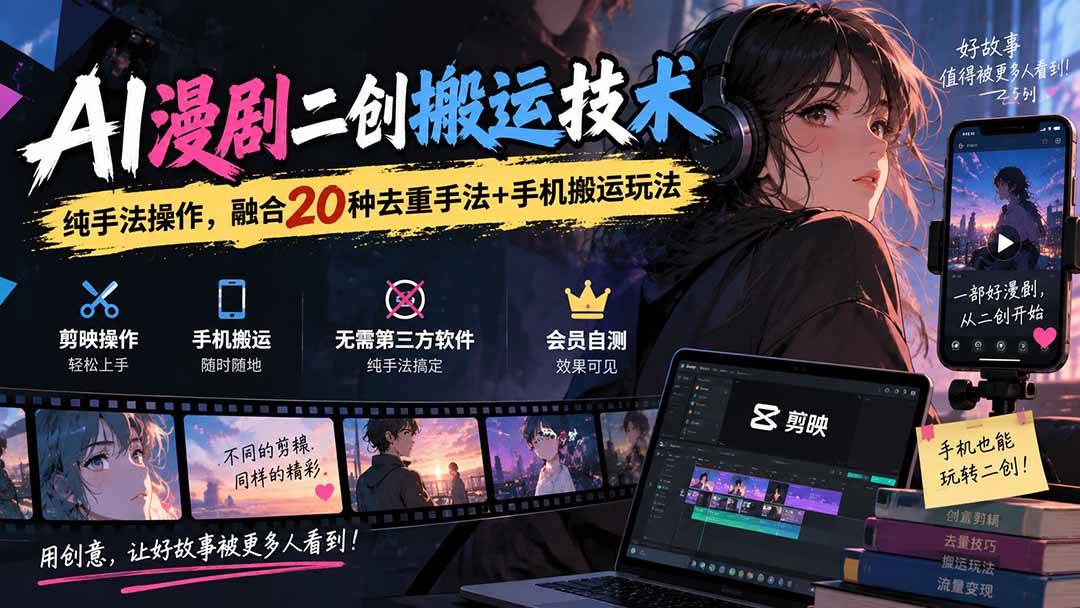 （20551期）AI漫剧二创搬运技术，纯手法操作，融合20种去重手法++手机搬运玩法-资源共享