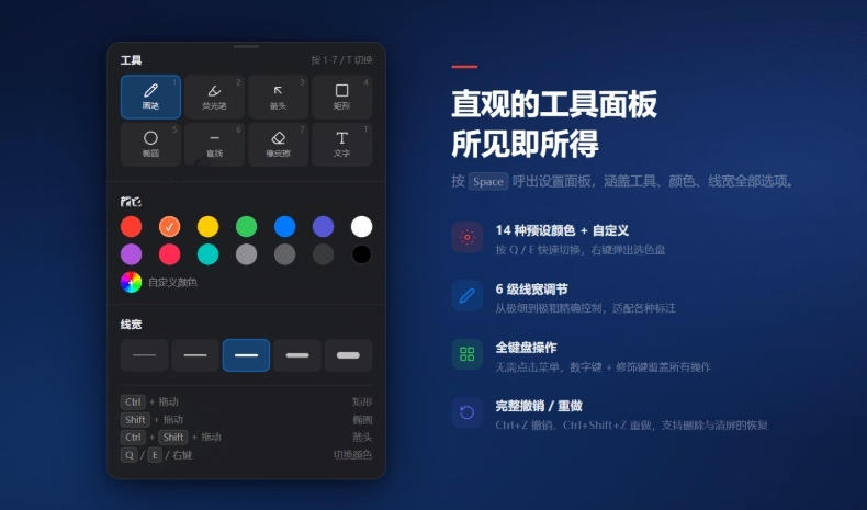 开源轻量级屏幕标注工具,1.4MB实现电脑全屏变自由画布!支持8种标注工具和全键盘操控MarkerOn-资源共享