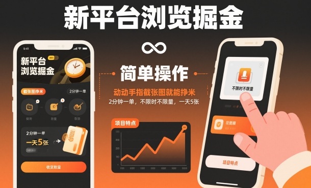 新平台浏览掘金，动动手指截张图就能挣米，2分钟一单，不限时不限量，一天5张【揭秘】-资源共享