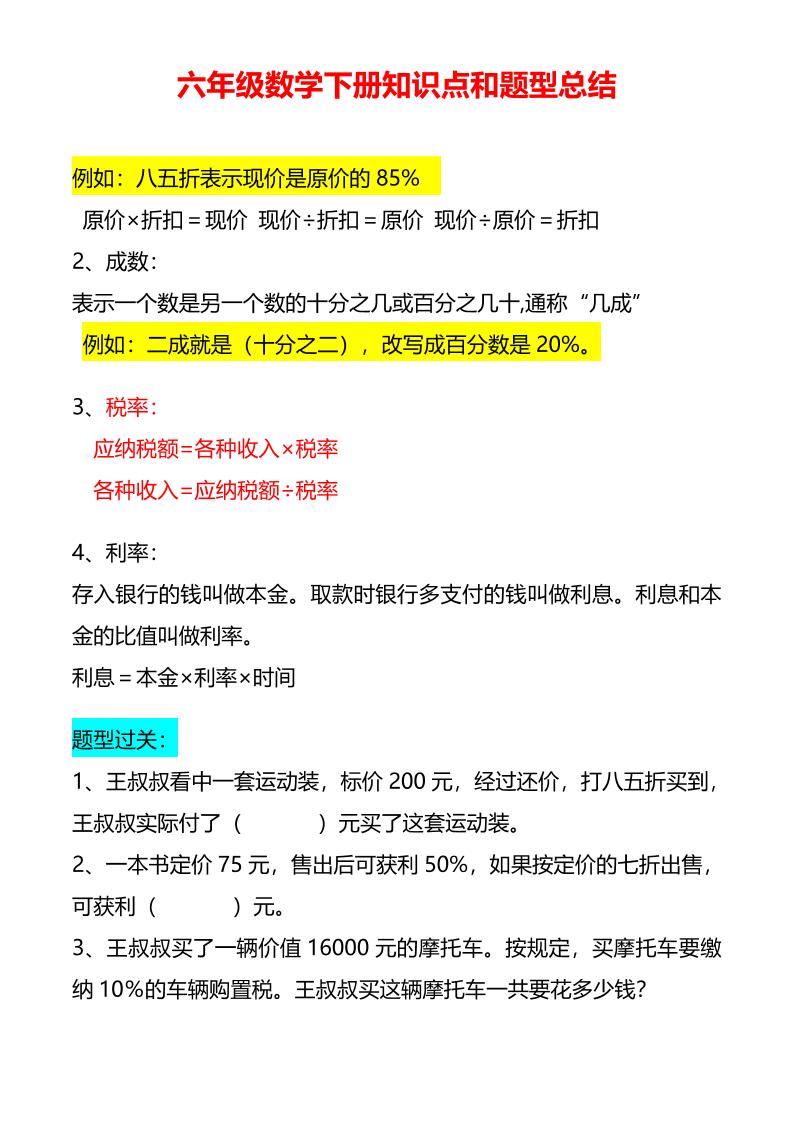 六年级下数学下册知识点题型总结-资源共享