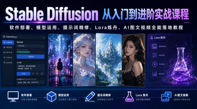 Stable Diffusion从入门到进阶实战课程｜软件部署、模型运用、提示词精修、Lora炼丹、AI图文视频全能落地教程-资源共享