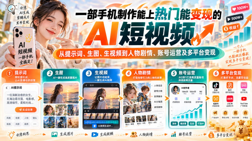 【无水印】一部手机制作能上热门能变现的AI短视频，从提示词、生图、生视频到人物剧情、账号运营及多平台变现-资源共享