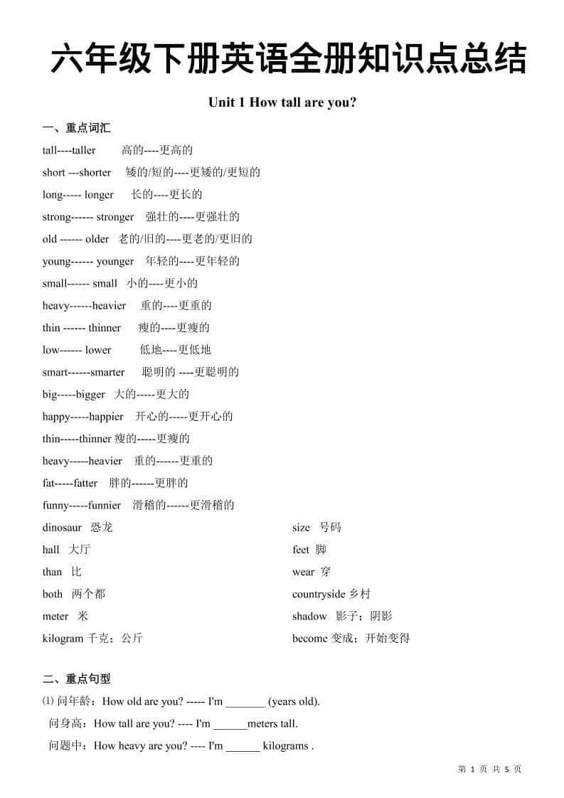 六年级下英语全册知识总结《人教版PEP》