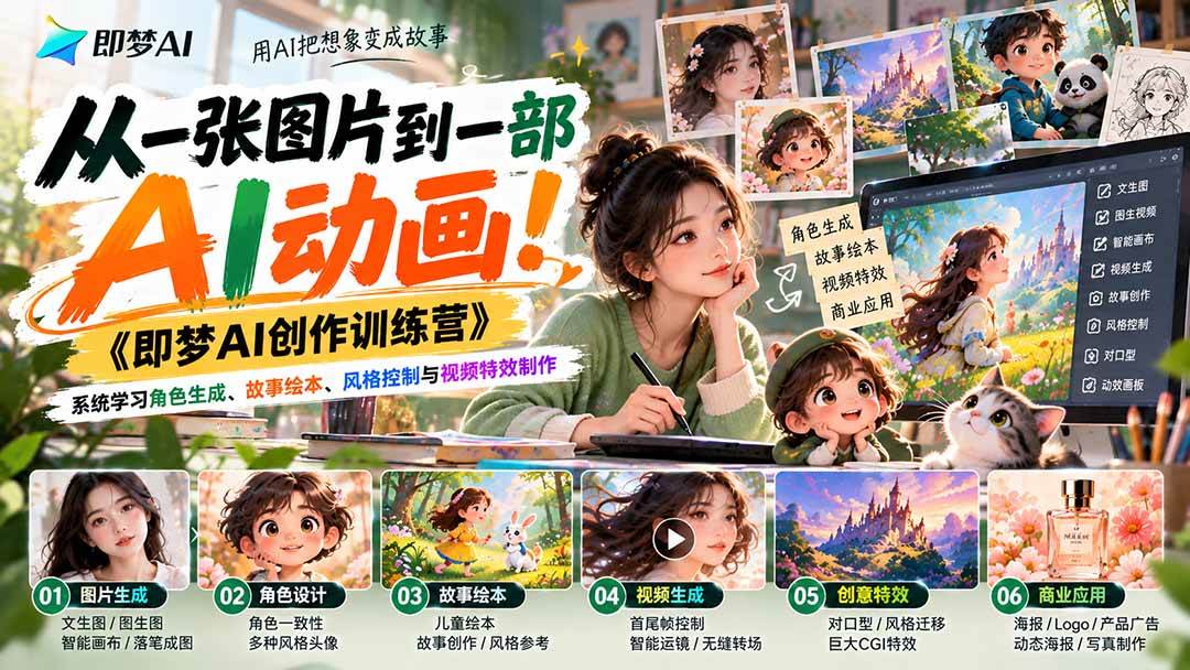 (21160期)【无水印】从一张图片到一部AI动画!《即梦AI创作训练营》系统学习角色生成、故事绘本、风格控制与视频特效制作 (21160期)【无水印】从一张图片到一部AI动画!《即梦AI创作训练营》系统学习角色生成、故事绘本、风格控制与视频特效制作