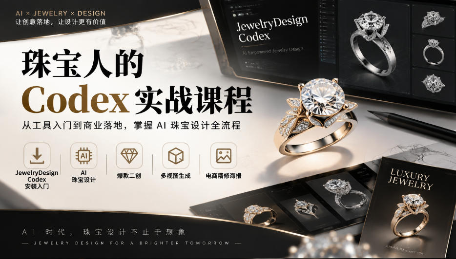 珠宝人的Codex实战课程｜JewelryDesign Codex安装入门、AI珠宝设计、爆款二创、多视图生成、电商精修海报全链路教学-资源共享