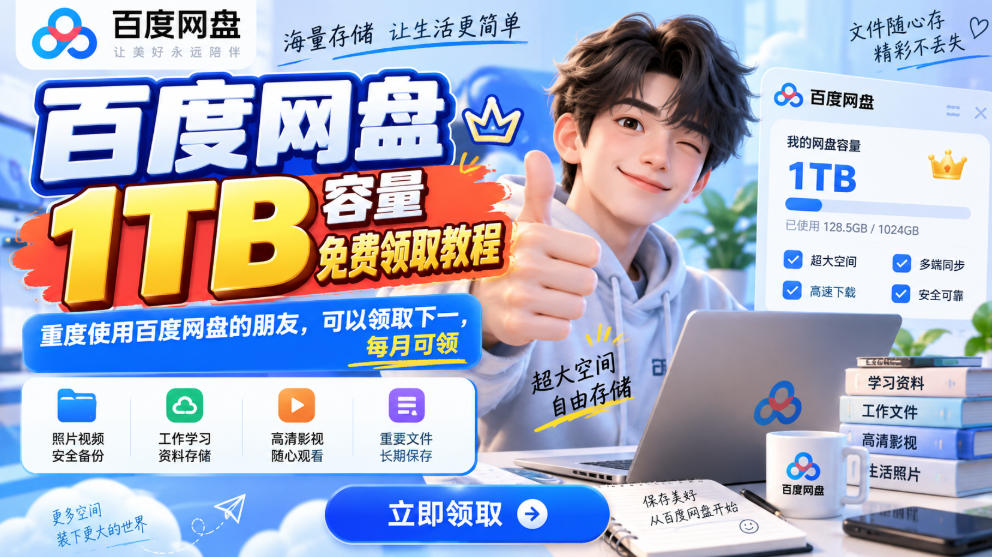 百度网盘1TB容量免费领取教程，重度使用百度网盘的朋友，可以领取下一，每月可领-资源共享