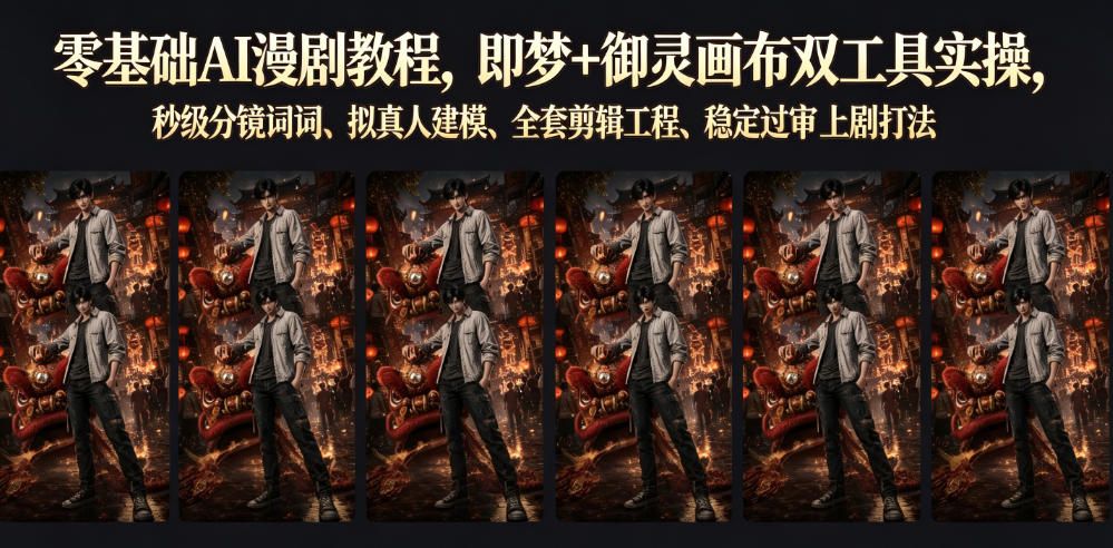 零基础AI漫剧教程,即梦+御灵画布双工具实操,秒级分镜提示词、拟真人建模、全套剪辑工程、稳定过审上剧打法-资源共享