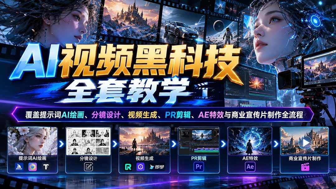 (21095期)AI视频黑科技全套教学:覆盖提示词AI绘画、分镜设计、视频生成、PR剪辑、AE特效与商业宣传片制作全流程 (21095期)AI视频黑科技全套教学:覆盖提示词AI绘画、分镜设计、视频生成、PR剪辑、AE特效与商业宣传片制作全流程
