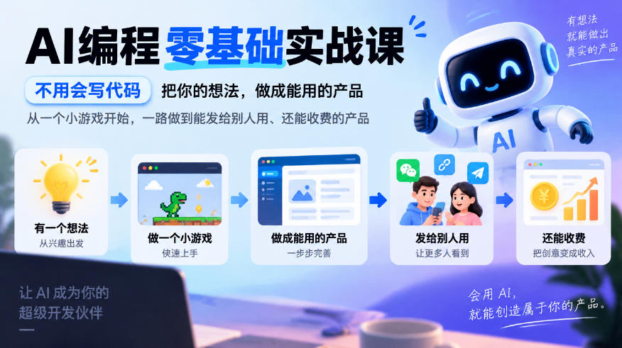 AI编程零基础实战课，不用会写代码，把你的想法，做成能用的产品，从一个小游戏开始，一路做到能发给别人用、还能收费的产品-资源共享