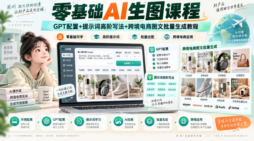 零基础AI生图课程,GPT配置+提示词高阶写法+跨境电商图文批量生成教程-资源共享