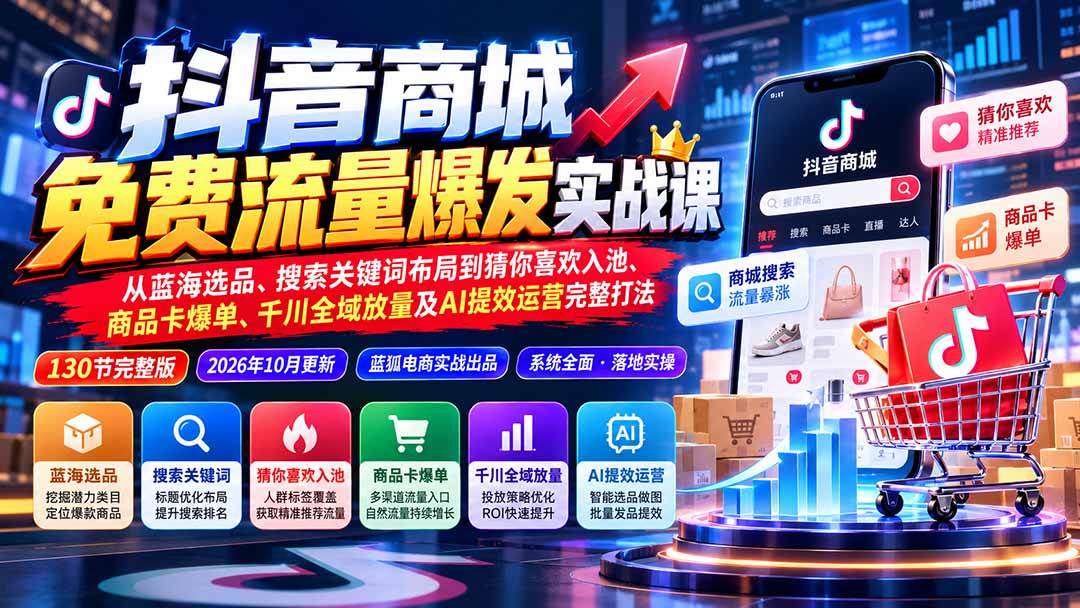 （20959期）抖音商城免费流量爆发实战：从蓝海选品、搜索关键词布局到猜你喜欢入池、商品卡爆单、千川全域放量及AI提效完整打法-资源共享