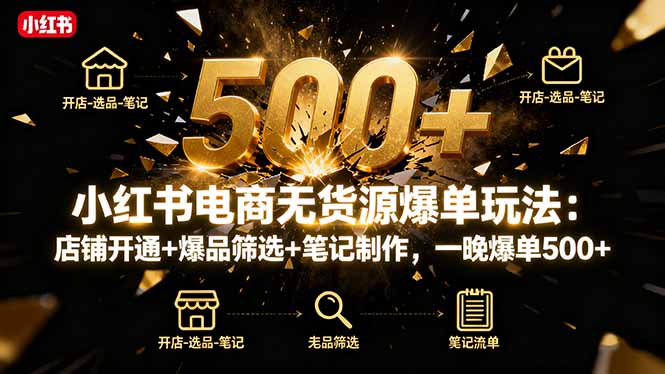小红书电商无货源爆单玩法：店铺开通+爆品筛选+笔记制作，一晚爆单500+-资源共享