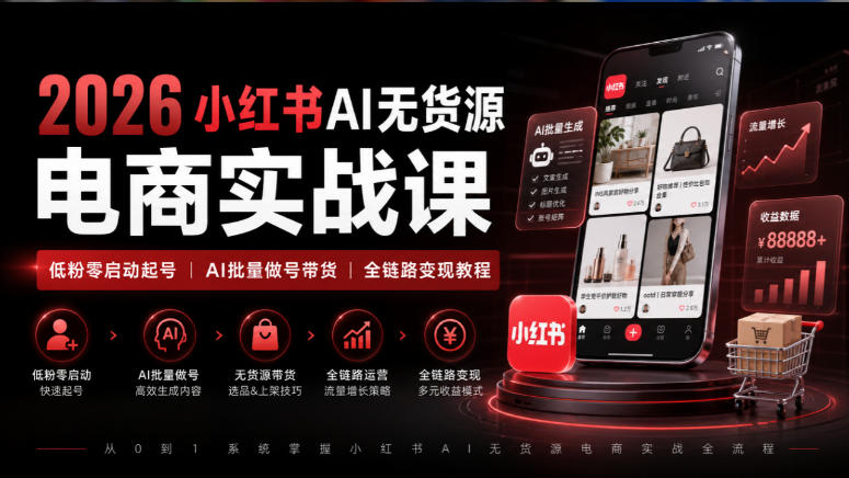 2026小红书AI无货源电商实战课｜低粉零启动起号｜AI批量做号带货全链路变现教程-资源共享