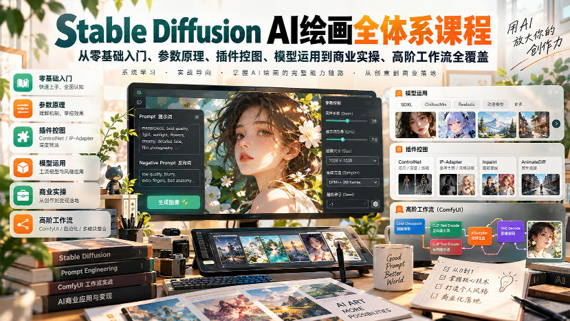 【无水印】Stable Diffusion AI绘画全体系课程，从零基础入门、参数原理、插件控图、模型运用到商业实操、高阶工作流全覆盖-资源共享