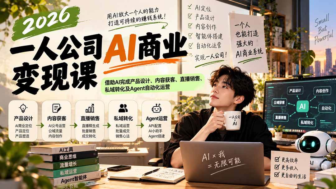 (20901期)2026一人公司AI商业变现课:借助AI完成产品设计、内容获客、直播销售、私域转化及Agent自动化运营-资源共享