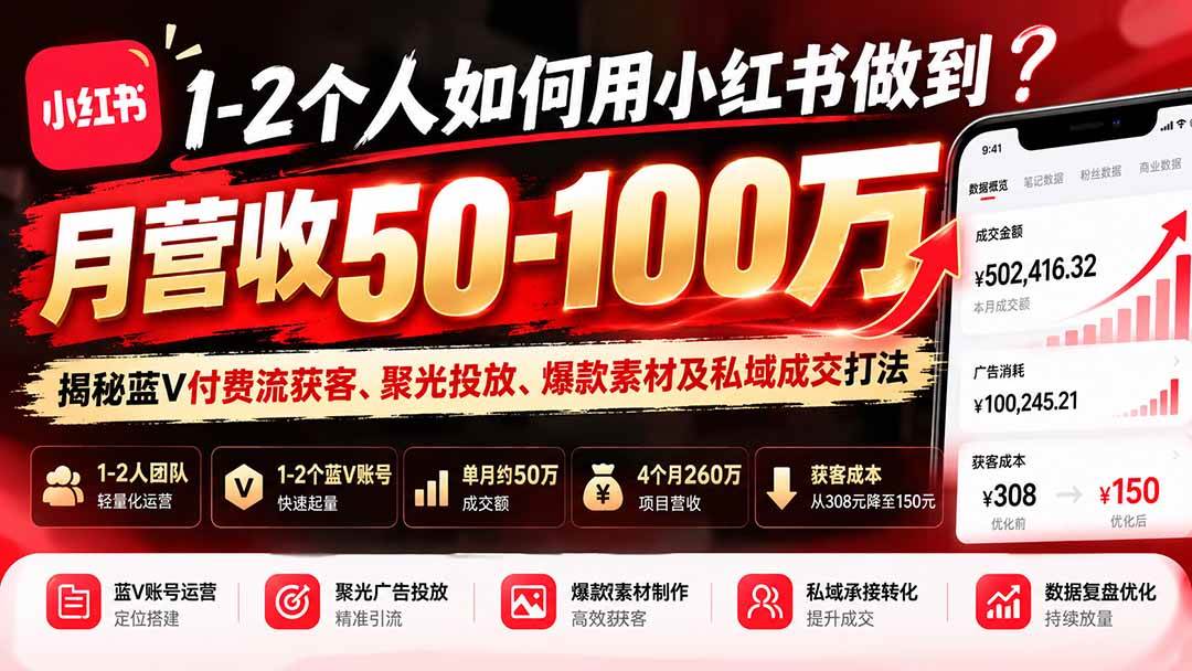 （20939期）1-2个人如何用小红书做到月营收50-100万？揭秘蓝V付费流获客、聚光投放、爆款素材及私域成交打法-资源共享