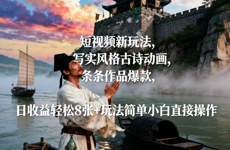 短视频新玩法，写实风格古诗动画，条条作品爆款，日收益轻松8张+玩法简单小白直接操作-资源共享