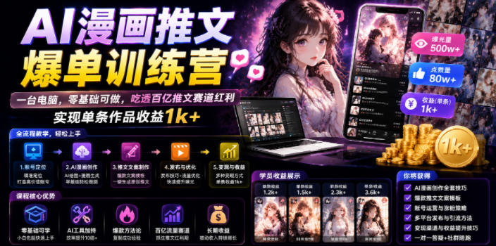 AI漫画推文爆单训练营,一台电脑,零基础可做,吃透百亿推文赛道红利,实现单条作品收益1k+-资源共享