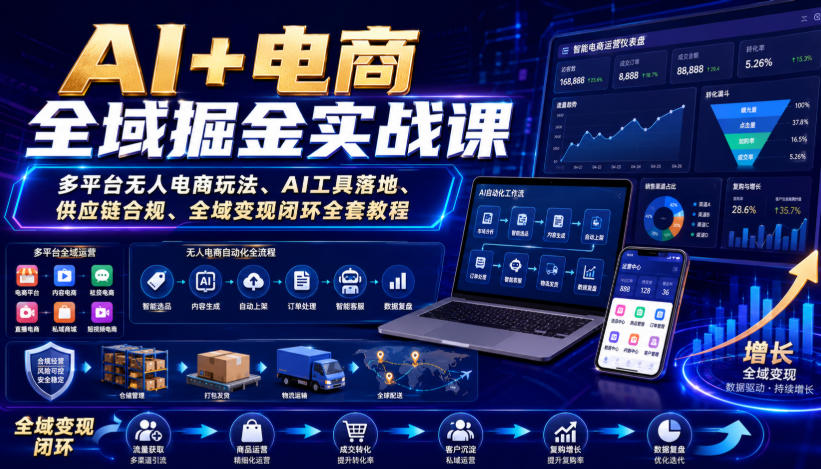 AI+电商全域掘金实战课|多平台无人电商玩法、AI工具落地、供应链合规、全域变现闭环全套教程-资源共享