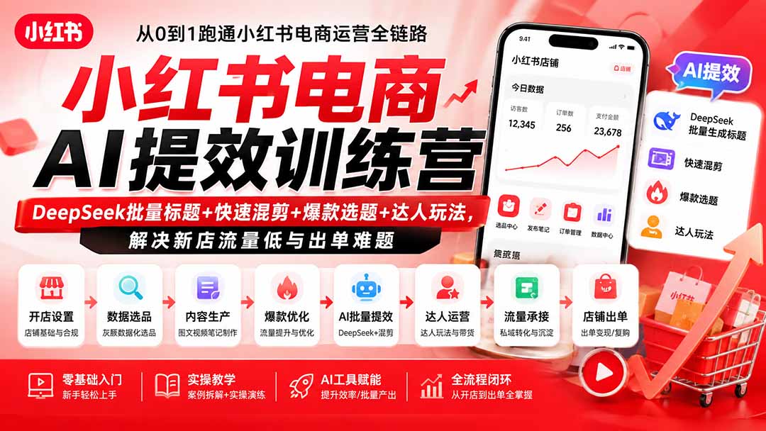 小红书电商AI提效训练营—DeepSeek批量标题+快速混剪+爆款选题+达人玩法，解决新店流量低与出单难题-资源共享