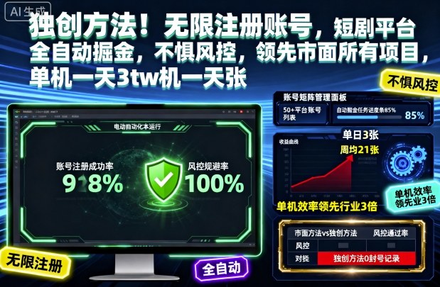 独创方法！无限注册账号，短剧平台全自动掘金，不惧风控，领先市面所有项目，单机一天3张【揭秘】-资源共享