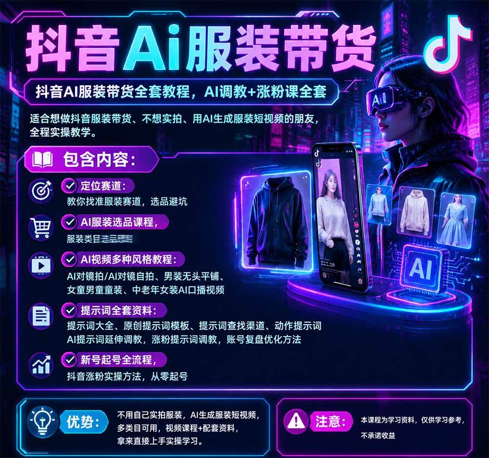 (20960期)不用真人出镜的抖音AI服装带货课:AI对镜自拍、童装男装女装视频制作、起号涨粉,附提示词大全与调教模板-资源共享