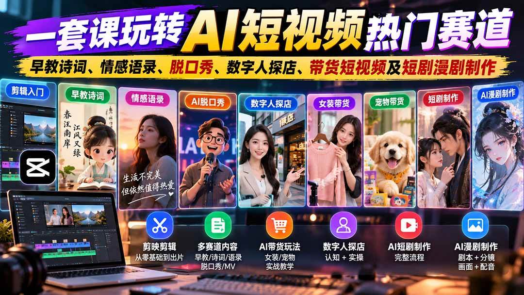 (20964期)一套课玩转AI短视频热门赛道:早教诗词、情感语录、脱口秀、数字人探店、带货短视频及短剧漫剧制作 复制标题 (20964期)一套课玩转AI短视频热门赛道:早教诗词、情感语录、脱口秀、数字人探店、带货短视频及短剧漫剧制作 复制标题