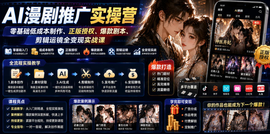 AI漫剧推广实操营|零基础低成本制作、正版授权、爆款剧本、剪辑运镜全变现实战课-资源共享