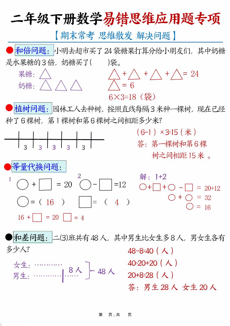 二年级下数学易错思维应用题专项训练